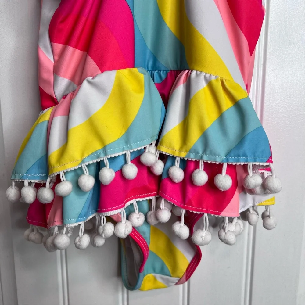 Betsy Johnson Girls ‘Sun Kissed’ Colorful Swimsuit with Pom Pom Trim. Size‎ 7/8